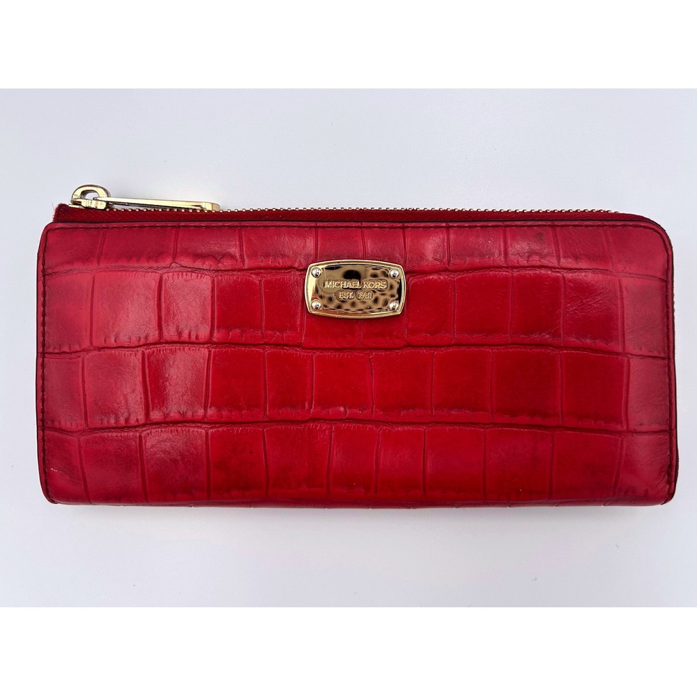 Michael Kors Red Croc Pattern Leather Zip Continental Wallet Goldtone Accents